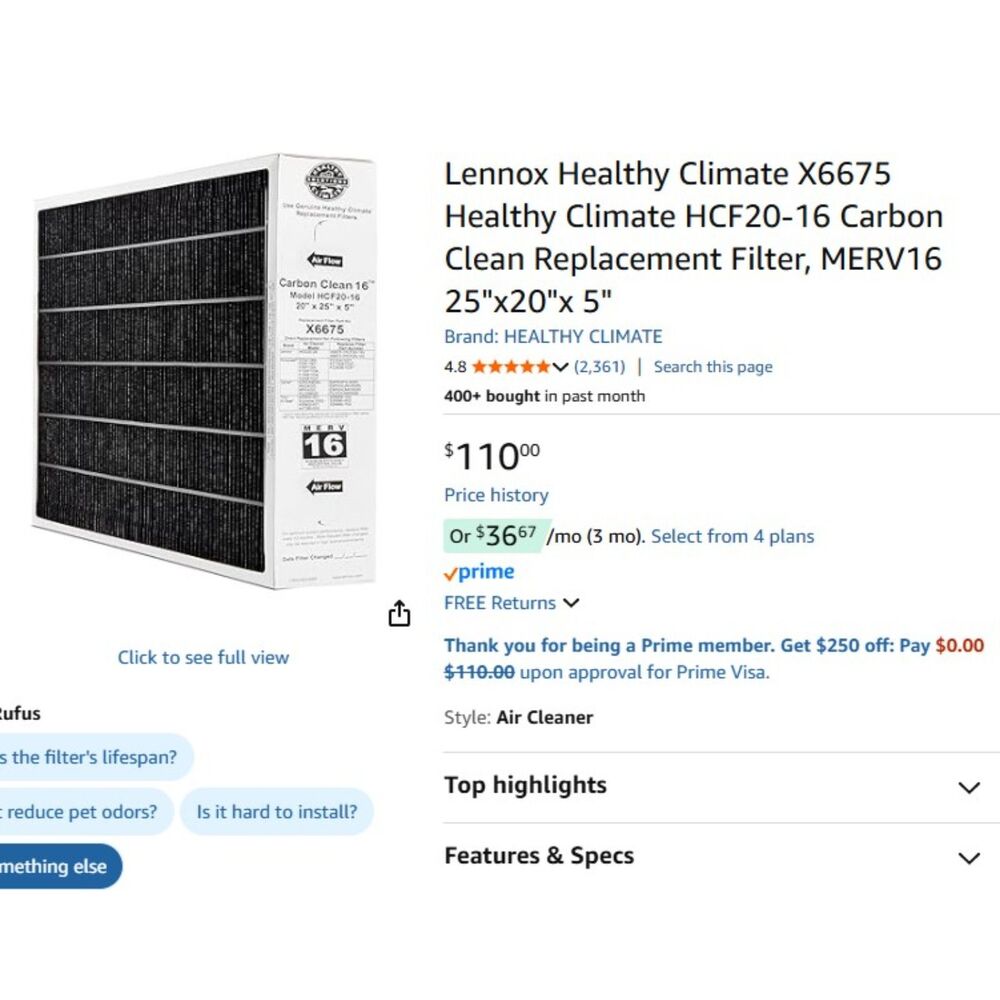 Lennox HVAC Systems  20x25x5 MERV 16 Furnace Air Filter Compatible